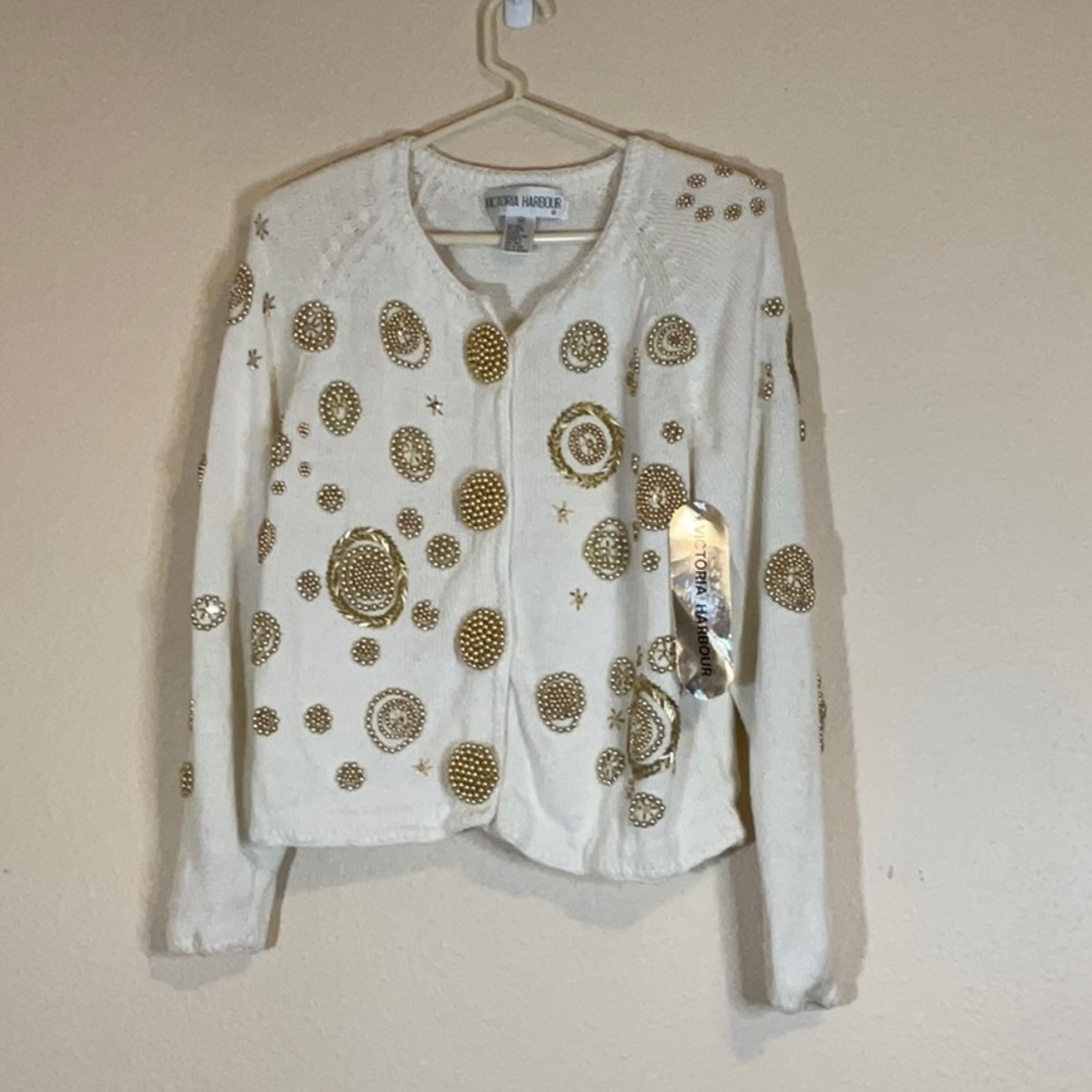 Beautiful off white sweater cardigan with gold beaded detail. Vintage.